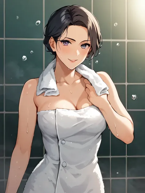 score_9, score_8_ up, score_7_ up, Anime，nsfw，A highly realistic and artistic portrait of a beautiful woman standing in a dimly lit room after a bath. She's wet , black shoulder-length hair clings slightly to the neck and collarbone, the water droplets spa...