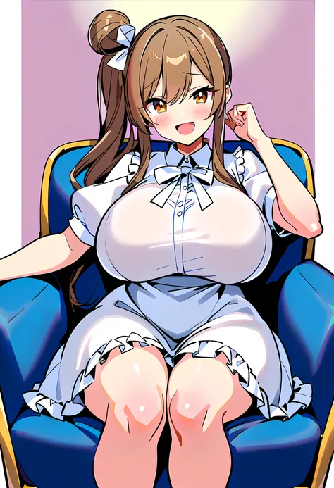 score_9_up,,score_8_up,score_7_up,score_6_up,score_5_up,score_4_up, 1 girl, satosasara, brown eyes, brown hair,(single hair bun:1.2), (right side ponytail:1.2), long sideburns,(( long hair)), frilled dress, white dress, white ribbon, short sleeves, puffy s...
