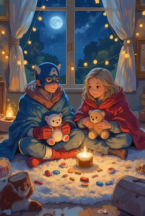 anime style, Captain America and Thor having a pajama party at night, sitting on a soft fluffy carpet, both wrapped in thick blankets, holding plush toys (Captain America with a teddy bear, Thor with a tiny Mjolnir-shaped pillow), scattered snacks and open...