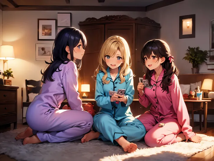 Cute Pajamas, party, ((best quality)), ((masterpiece)), (detailed), perfect face, A group of cheerful girls in colorful pajamas having a slumber party at a friend's house, sitting around a table full of snacks, sweets, and juice. They are playing cards and...