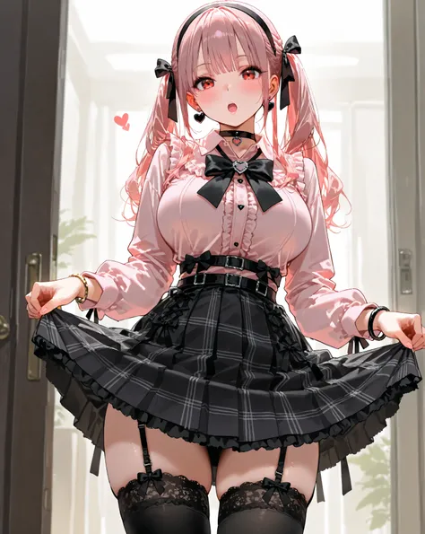 1girl,solo,long hair,looking at viewer,blush,open mouth,large breasts,long sleeves,red eyes,jewelry,twintails,standing,pink hair,pleated skirt,frills,hairband,collared shirt,black thighhighs:o,bracelet,black bow,black ribbon,black choker,makeup,plaid skirt...