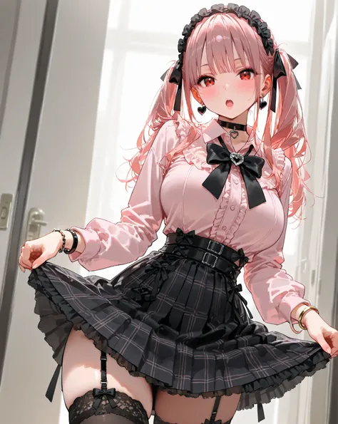 1girl,solo,long hair,looking at viewer,blush,open mouth,large breasts,long sleeves,red eyes,jewelry,twintails,standing,pink hair,pleated skirt,frills,hairband,collared shirt,black thighhighs:o,bracelet,black bow,black ribbon,black choker,makeup,plaid skirt...
