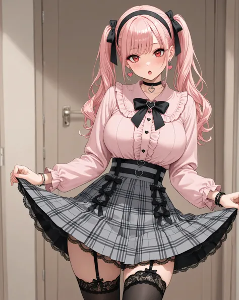 1girl,solo,long hair,looking at viewer,blush,open mouth,large breasts,long sleeves,red eyes,jewelry,twintails,standing,pink hair,pleated skirt,frills,hairband,collared shirt,black thighhighs:o,bracelet,black bow,black ribbon,black choker,makeup,plaid skirt...