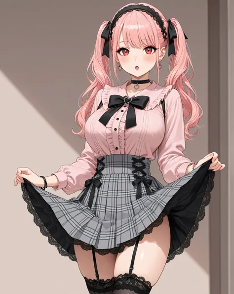 1girl,solo,long hair,looking at viewer,blush,open mouth,large breasts,long sleeves,red eyes,jewelry,twintails,standing,pink hair,pleated skirt,frills,hairband,collared shirt,black thighhighs:o,bracelet,black bow,black ribbon,black choker,makeup,plaid skirt...