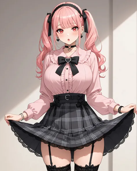 1girl,solo,long hair,looking at viewer,blush,open mouth,large breasts,long sleeves,red eyes,jewelry,twintails,standing,pink hair,pleated skirt,frills,hairband,collared shirt,black thighhighs:o,bracelet,black bow,black ribbon,black choker,makeup,plaid skirt...