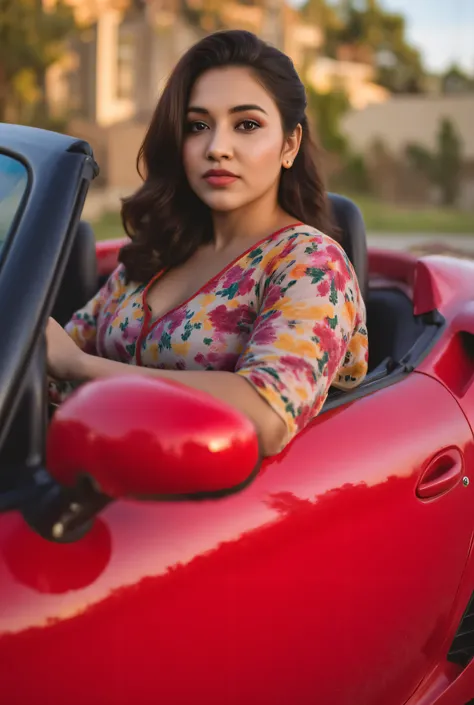 a glamorous indian woman, beautiful detailed eyes, beautiful detailed lips, extremely detailed face and skin, elegant indian woman, 1 girl, sari, in a red sports car, 99 number plate, luxury car, cinematic lighting, HDR, 8K, masterpiece, photorealistic sty...