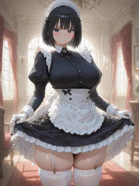1girl, solo, breasts, looking at viewer, blush, short hair, black hair, long sleeves, closed mouth, standing, indoors, puffy sleeves, white gloves, sweatdrop, black dress, white thighhighs, black eyes, maid headdress, window, skindentation, thick thighs, b...