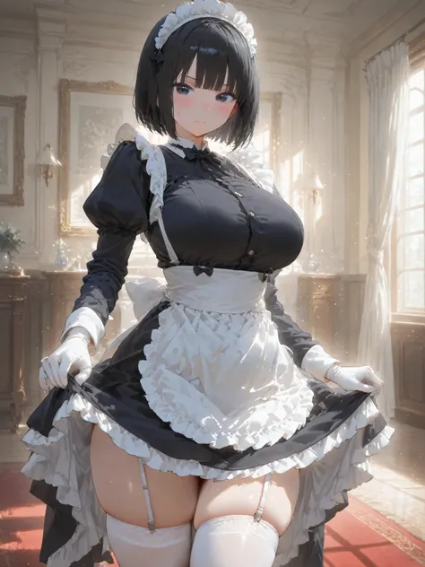 1girl, solo, breasts, looking at viewer, blush, short hair, black hair, long sleeves, closed mouth, standing, indoors, puffy sleeves, white gloves, sweatdrop, black dress, white thighhighs, black eyes, maid headdress, window, skindentation, thick thighs, b...