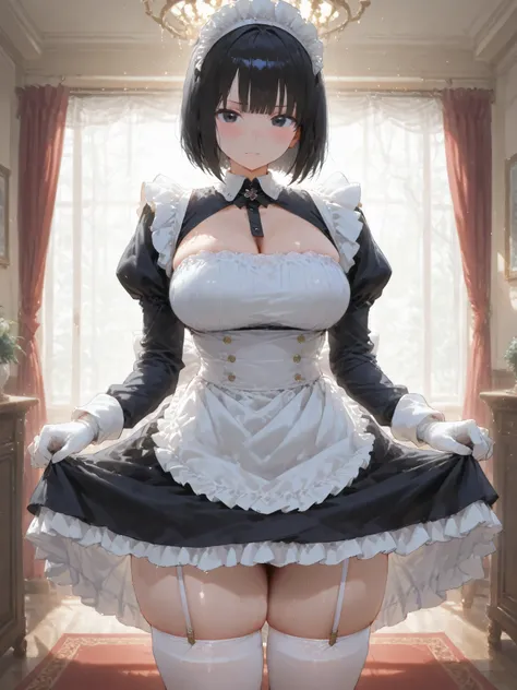 1girl, solo, breasts, looking at viewer, blush, short hair, black hair, long sleeves, closed mouth, standing, indoors, puffy sleeves, white gloves, sweatdrop, black dress, white thighhighs, black eyes, maid headdress, window, skindentation, thick thighs, b...