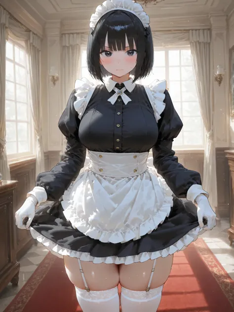 1girl, solo, breasts, looking at viewer, blush, short hair, black hair, long sleeves, closed mouth, standing, indoors, puffy sleeves, white gloves, sweatdrop, black dress, white thighhighs, black eyes, maid headdress, window, skindentation, thick thighs, b...