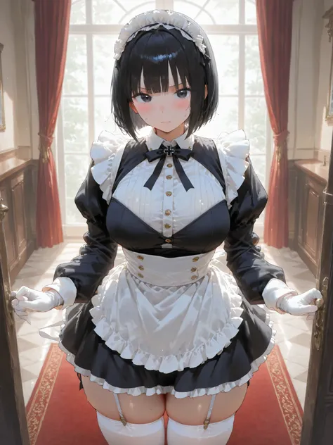 1girl, solo, breasts, looking at viewer, blush, short hair, black hair, long sleeves, closed mouth, standing, indoors, puffy sleeves, white gloves, sweatdrop, black dress, white thighhighs, black eyes, maid headdress, window, skindentation, thick thighs, b...