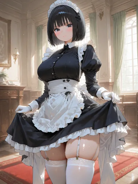 1girl, solo, breasts, looking at viewer, blush, short hair, black hair, long sleeves, closed mouth, standing, indoors, puffy sleeves, white gloves, sweatdrop, black dress, white thighhighs, black eyes, maid headdress, window, skindentation, thick thighs, b...