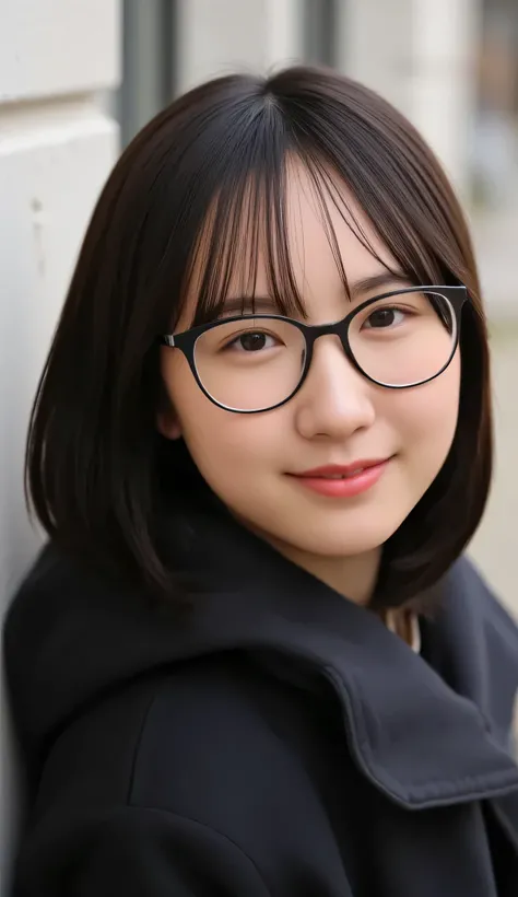 1girl, Solo, High Resolution, Masterpiece, Anatomically Correct, Accurate, real proportions, detailed skin, detailed face, Best Quality, real life style, black hair, bob hair, glasses, black clothing, portrait, tween