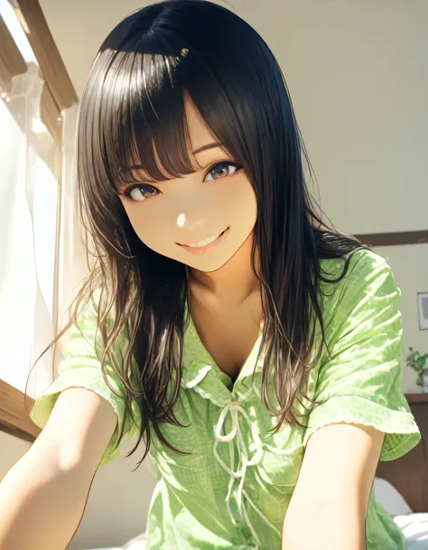 1girl, year 2019, upper body, summer, bedroom, Pajamas, smile, masterpiece, high score, great score, absurdres, 16k, Ultra detailed, (photorealistic : 0.5)