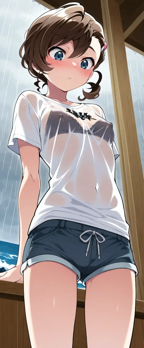 (((masterpiece)))、((top quality))、(Super Detailed)、(CG illustration)、(Very Beautiful Woman))、slightly larger chest,Blush,TV face,(((standing in the teacher's house,look down))),((Sandy Beach,sea,outside)) cinematic lights  、((1 woman))、(( small t-shirt,Bra...