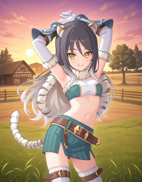 pcrshio, animal ears, animal ear fluff, black hair, gradient hair, yellow eyes, tiger tail, striped tail, pshiodef, fur-trimmed capelet, bare shoulders, two-tone bandeau, midriff, brown belt, green skirt, pleated skirt, pencil skirt, miniskirt, elbow glove...
