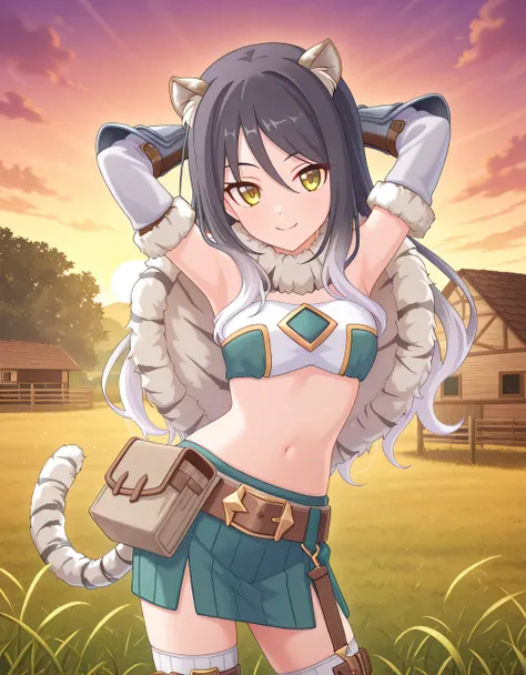 pcrshio, animal ears, animal ear fluff, black hair, gradient hair, yellow eyes, tiger tail, striped tail, pshiodef, fur-trimmed capelet, bare shoulders, two-tone bandeau, midriff, brown belt, green skirt, pleated skirt, pencil skirt, miniskirt, elbow glove...
