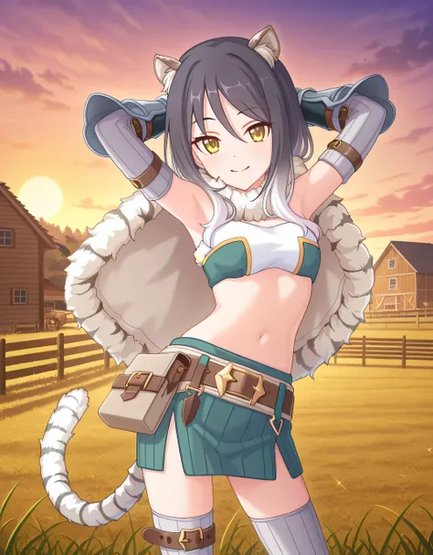 pcrshio, animal ears, animal ear fluff, black hair, gradient hair, yellow eyes, tiger tail, striped tail, pshiodef, fur-trimmed capelet, bare shoulders, two-tone bandeau, midriff, brown belt, green skirt, pleated skirt, pencil skirt, miniskirt, elbow glove...