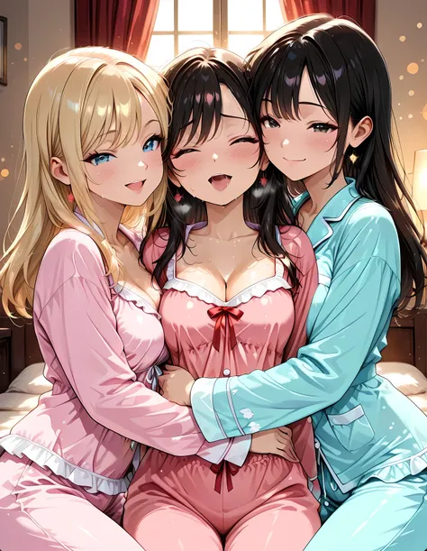 Gal, GAL, sexy, 3Women, sweat, Smile of Pleasure:1.2, torogao, frolic in pajamas, hugging, fluffy pajamas, pastel pajamas, High Quality, Detailed Expression Details, 4K high quality, anime style, delicate texture, realistic skin texture, Bokeh Backgrounds,...