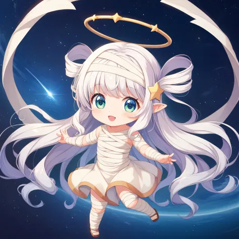 Mummy Girl、cute、 chibi、cute、(((Milky white and space-patterned gradation hair color)))、個性的でcuteヘア、Star Fairy Mummy、Star-motif accessory、頭には包帯でできたおおきなcuteリボン、