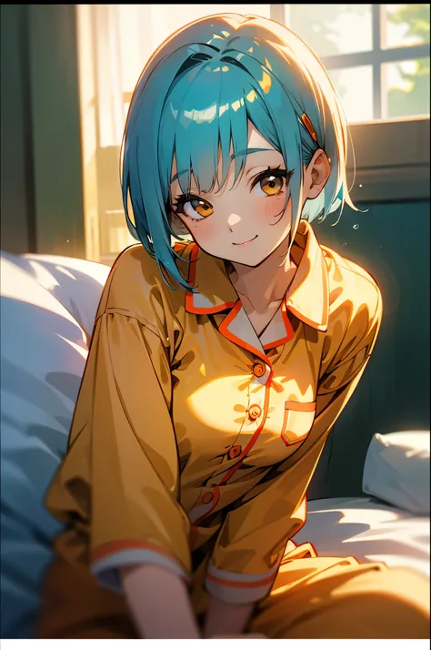woman sitting on bed、One person、 anime style picture、Wearing pajamas、shiny light blue hair in the water、Short Bob Hairstyle、tie your hair with orange hair clips、beautiful brown eyes、Smile Yan、Smile、The soft texture of the pajamas、upper body close-up、Orange...