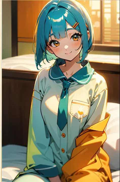 woman sitting on bed、One person、 anime style picture、Wearing pajamas、shiny light blue hair in the water、Short Bob Hairstyle、tie your hair with orange hair clips、beautiful brown eyes、Smile Yan、Smile、The soft texture of the pajamas、upper body close-up、Orange...