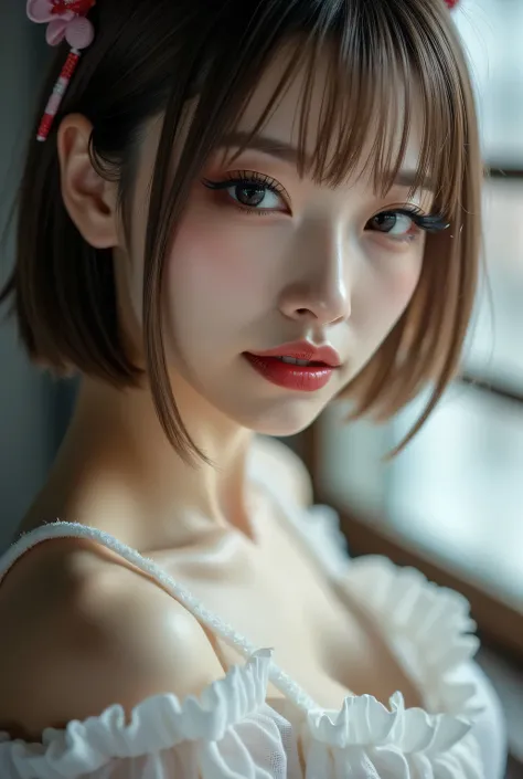 Highest quality wide angle lenses.
Japanese face, staring at the viewer, makeup, eyeshadows, eyeliners, long false eyelashes, light red lips, short bob hair.
Wearing clothing that covers shoulders.