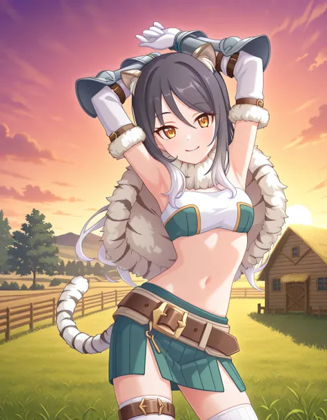 pcrshio, animal ears, animal ear fluff, black hair, gradient hair, yellow eyes, tiger tail, striped tail, pshiodef, fur-trimmed capelet, bare shoulders, two-tone bandeau, midriff, brown belt, green skirt, pleated skirt, pencil skirt, miniskirt, elbow glove...
