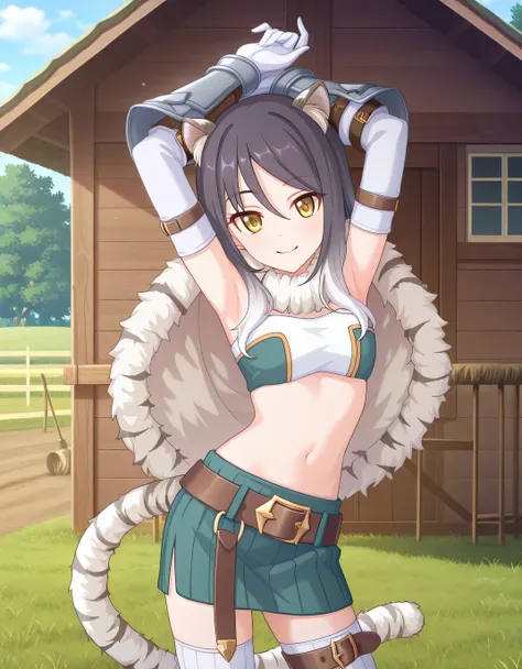 pcrshio, animal ears, animal ear fluff, black hair, gradient hair, yellow eyes, tiger tail, striped tail, pshiodef, fur-trimmed capelet, bare shoulders, two-tone bandeau, midriff, brown belt, green skirt, pleated skirt, pencil skirt, miniskirt, elbow glove...