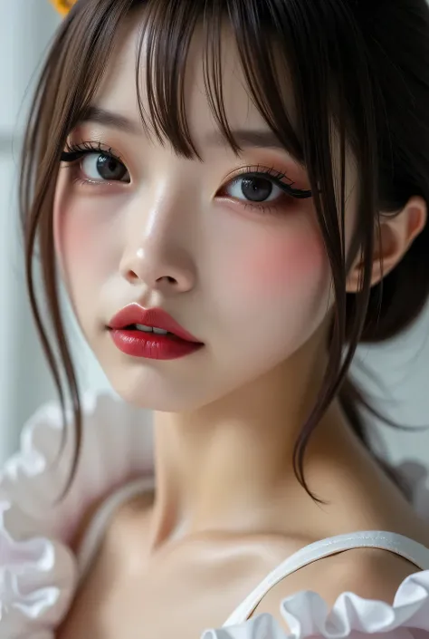 ((Highest quality wide angle lenses)).
Japanese face, staring at the viewer, makeup, eyeshadows, eyeliners, long false eyelashes, light red lips.