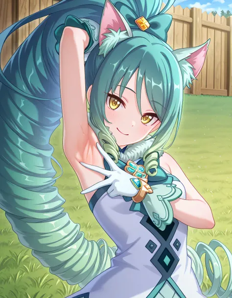 pcrshio, animal ears, animal ear fluff, gradient hair, yellow eyes, pshiomag, green hair, aqua hair, very long hair, ponytail, drill hair, magical girl, hair bow, fur collar, sleeveless dress, bowtie, club \(shape\), jewelry, white shirt, anime screencap, ...
