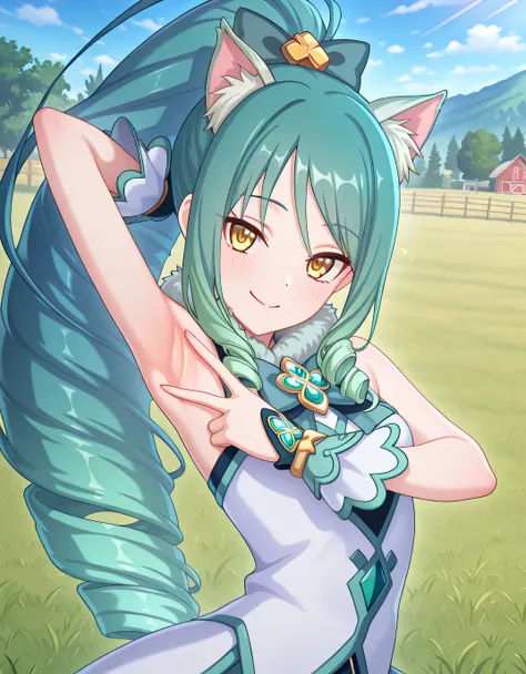 pcrshio, animal ears, animal ear fluff, gradient hair, yellow eyes, pshiomag, green hair, aqua hair, very long hair, ponytail, drill hair, magical girl, hair bow, fur collar, sleeveless dress, bowtie, club \(shape\), jewelry, white shirt, anime screencap, ...