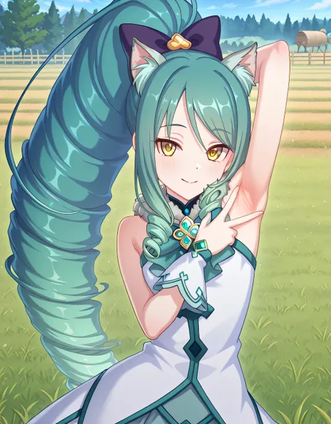 pcrshio, animal ears, animal ear fluff, gradient hair, yellow eyes, pshiomag, green hair, aqua hair, very long hair, ponytail, drill hair, magical girl, hair bow, fur collar, sleeveless dress, bowtie, club \(shape\), jewelry, white shirt, anime screencap, ...
