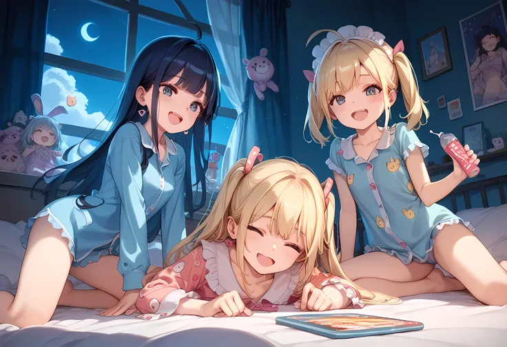 score_9, score_8_superior, score_7_superior, masterpiece, best quality, absurdres, high_fidelity, vibrant, sauce_anime, (rating_explicit:1.0), super detailed, Adorable, 3girls, pajamas, LOL, Laugh out loud, girl's room, curtain, bed, Round table, Snacks, j...