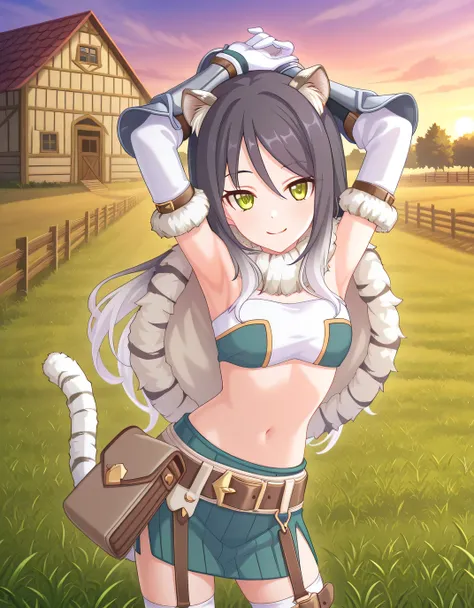pcrshio, animal ears, animal ear fluff, black hair, gradient hair, yellow eyes, tiger tail, striped tail, pshiodef, fur-trimmed capelet, bare shoulders, two-tone bandeau, midriff, brown belt, green skirt, pleated skirt, pencil skirt, miniskirt, elbow glove...