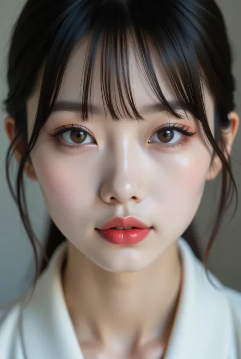 ((Highest quality wide angle lenses)).
Japanese face, staring at the viewer, makeup, eyeshadows, eyeliners, long false eyelashes, light red lips
All of the hair is in frame.