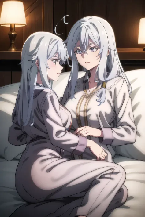 can you draw 2 people in pajamas, Please Laugh ,draw 2 people in pajamas,2 people with long silver hair,ベッドで戯れるwomanhood with a soft texture,look at me on the bed,long silver ponytail,womanhood with a soft texture,facial eXpression is a top priority、don'...