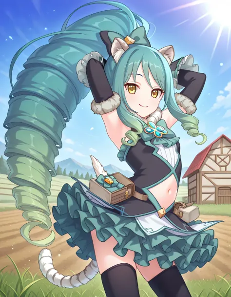 pcrshio, animal ears, animal ear fluff,  gradient hair, yellow eyes, tiger tail, striped tail, pshiomag, green hair, aqua hair, very long hair, ponytail, drill hair, magical girl, hair bow, fur collar, sleeveless dress, bowtie, club \(shape\), jewelry, whi...