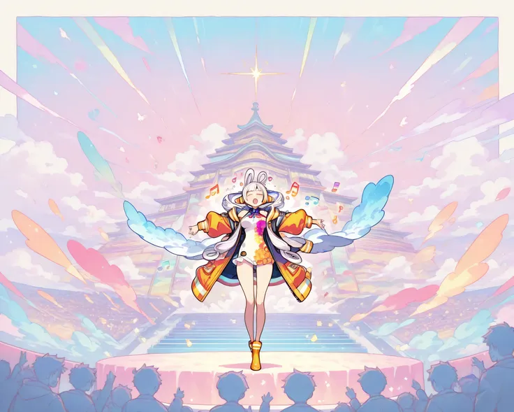 Uta from “One Piece Film Red” performing a fantasy concert on a vast stage, wearing a radiant, colorful outfit emitting a mystical aura. Beams of soft light rise into a pastel-colored sky, with floating musical notes and silhouettes of cheering fans. The e...