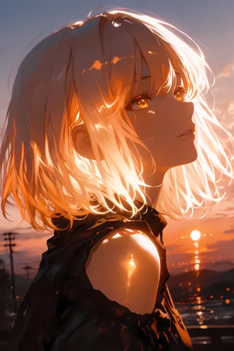 masterpiece, best quality, high quality, absurdres,ultra-detailed, 1girl, sunset backlight, rim lighting, glowing hair, glowing shoulders, soft atmospheric haze, cinematic silhouette, dramatic lighting, warm color palette, golden hour