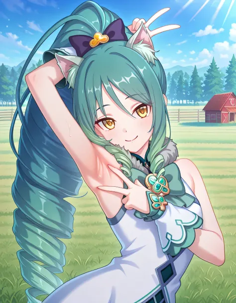 pcrshio, animal ears, animal ear fluff, gradient hair, yellow eyes, pshiomag, green hair, aqua hair, very long hair, ponytail, drill hair, magical girl, hair bow, fur collar, sleeveless dress, bowtie, club \(shape\), jewelry, white shirt, anime screencap, ...