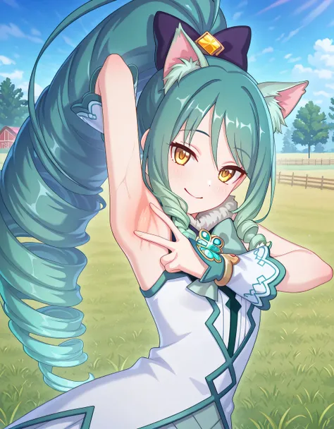 pcrshio, animal ears, animal ear fluff, gradient hair, yellow eyes, pshiomag, green hair, aqua hair, very long hair, ponytail, drill hair, magical girl, hair bow, fur collar, sleeveless dress, bowtie, club \(shape\), jewelry, white shirt, anime screencap, ...