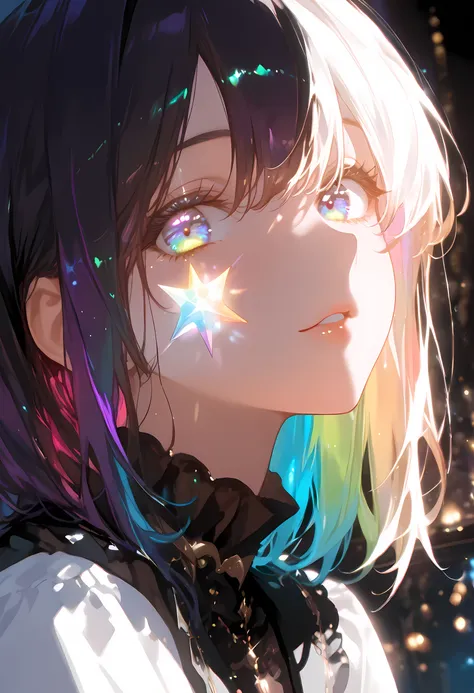 masterpiece, best quality, high quality,ultra-detailed, 1girl with rainbow streaks across face, prism lighting through mist, glowing light reflecting in eyes, soft magical tone