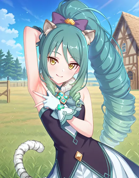 pcrshio, animal ears, animal ear fluff, gradient hair, yellow eyes, tiger tail, striped tail, pshiomag, green hair, aqua hair, very long hair, ponytail, drill hair, magical girl, hair bow, fur collar, sleeveless dress, bowtie, club \(shape\), jewelry, whit...