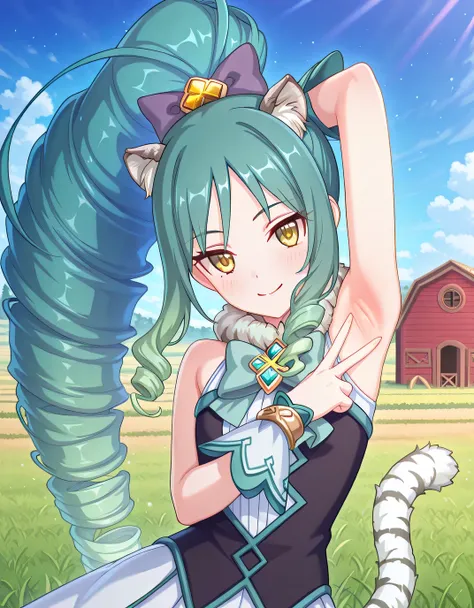 pcrshio, animal ears, animal ear fluff, gradient hair, yellow eyes, tiger tail, striped tail, pshiomag, green hair, aqua hair, very long hair, ponytail, drill hair, magical girl, hair bow, fur collar, sleeveless dress, bowtie, club \(shape\), jewelry, whit...