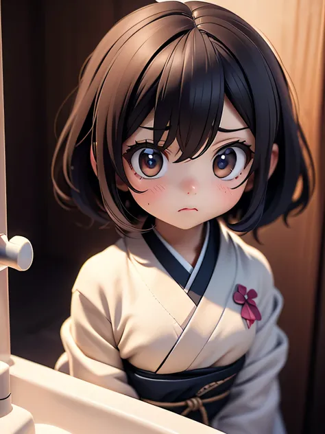 /*Ghost Story Girl*/,Ghost Story Toilet Hanako-san,(cute and troubled face:1.3),short hair,Kimono,(((3D Images:1.3))),(image mode ultra HD),
