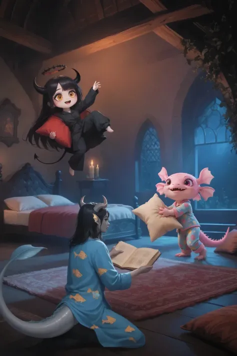 Unrealistic oil style. Medieval setting, medieval house. Close-up room but 360-degree camera. The torch is burning from above. ( view slightly from below ). Soft carpet in the foreground. Night outside. dressed in colorful pajamas fights with a large pillo...