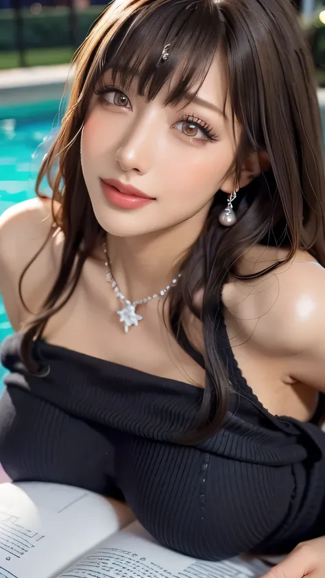 ( cowboy shot 、 best quality 、8k、Award-winning works、  super high resolution  )、Beautiful woman、( black sweater showing off his perfect body, Sexy chest:1.1)、Perfect big boobs、(Blonde:1.1)、Bright color contacts、Perfect gal makeup、 bright and shiny lipstick...