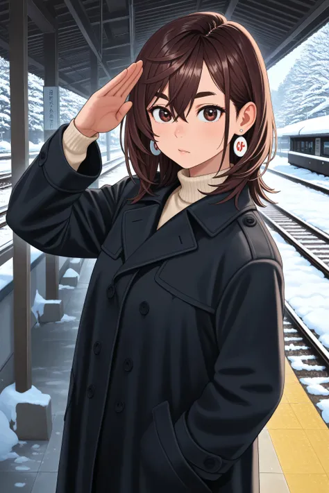 masterpiece、top quality、Great Details、Realistic Background、momo_ayase（dandadan）KJOmomo, brown hair, brown eyes, medium hair, hair between eyes, thick eyebrows, earrings,black long coat、Railway worker、Railway workerの帽子、Railway workerの制服、salute、Japanese ,Hok...