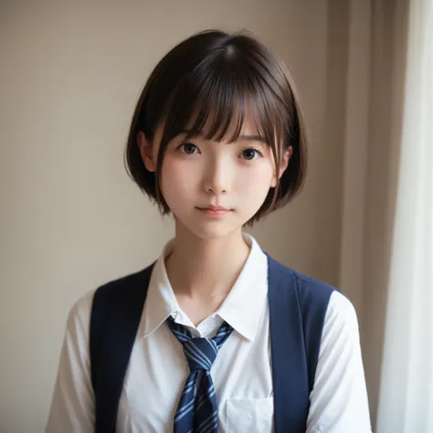 score_9, score_8_ up, score_7_ up,n current ,( photo realistic:1.5),cute girl, , sunlight,  face, School Uniform , short hair, small breasts,skinny,slender,short,slender body,younger,かわいいyounger女の子, thin shoulders, realistic , Japanese